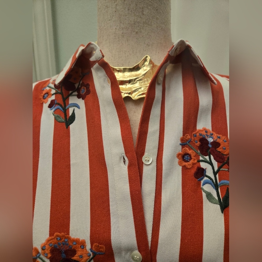 Sezane MAXY ROSE ๐น Embroidered Flowers on Red And White Stripes Size 34 - Picture 11 of 11